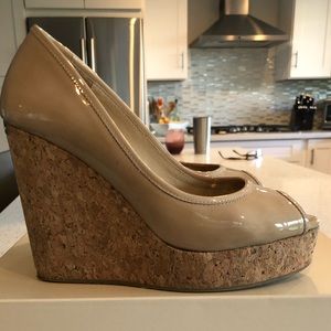 Nude peep toe wedges